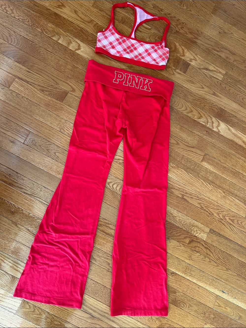Victoria secret PINK red fold over leggings yoga pants and plaid bra size medium